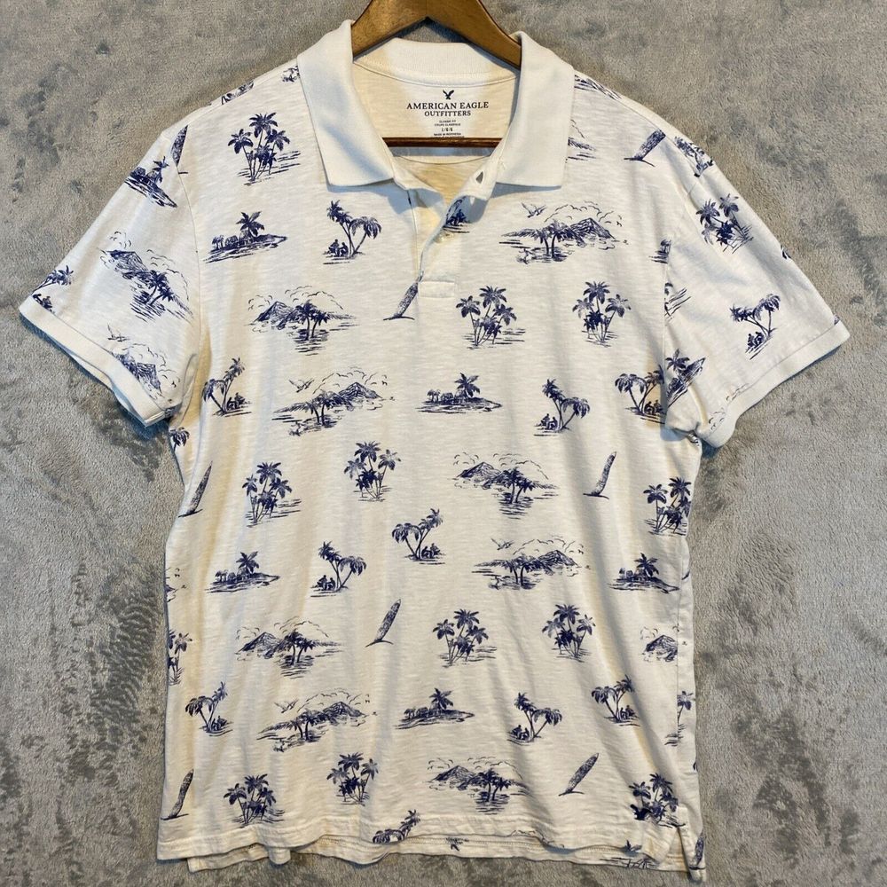 American‎ Eagle Men's Polo Shirt Sz L Blue Ivory Short Sleeve Vacation Beach
